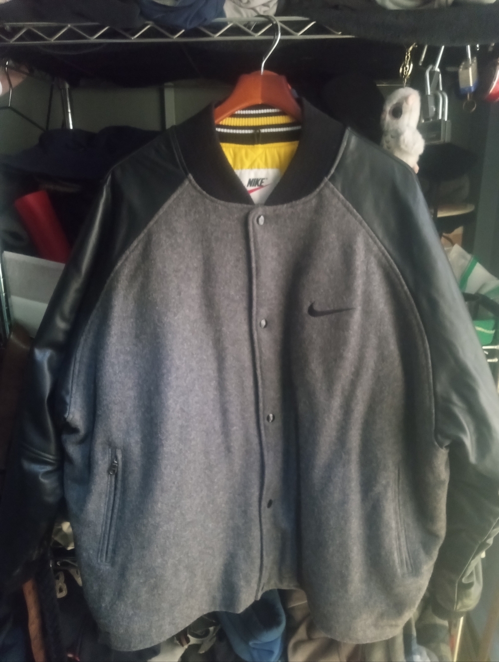Brand New XXL Nike Gray Wool and Black Leather Varsity Jacket with Yellow Lining